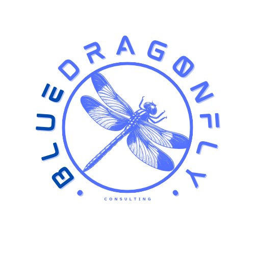 A blue dragonfly logo